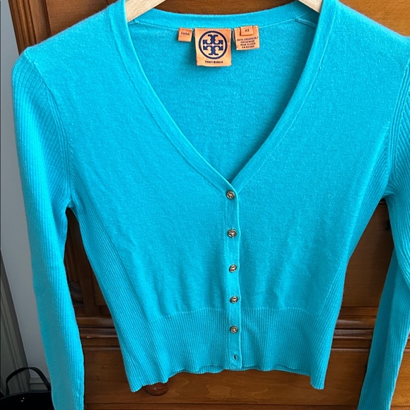 Tory Burch Bright Blue V-Neck Cardigan - Picture 1 of 4